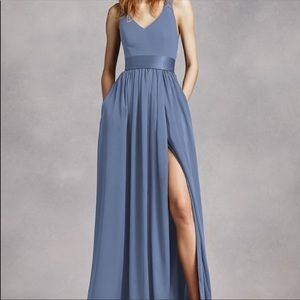 White by Vera wang David’s bridal steel blue belted bridesmaid dress size 8